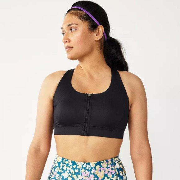 Tek Gear Zip-Front Medium-Impact Sports Bra Black - Picture 1 of 9